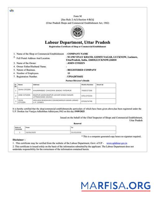 Realistic India Uttar Pradesh registration certificate of shop or commercial establishment Word and PDF template